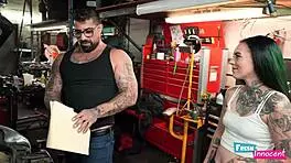 fresh innocent teen babe chokes on big cock from rough mechanic fuck