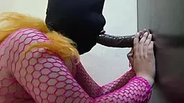 cute curvy tgirl slurps black dildo then eats her own cum in bathroom
