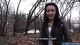 tricked petite amateur gags on cock outdoors in shady pov casting