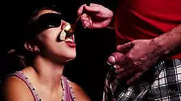 blindfolded milf cheats tasting friend's big cock cum in wild game