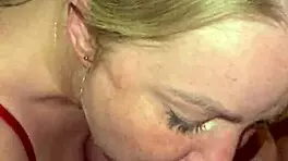 Blonde cutie stares at huge cock then deepthroats fully