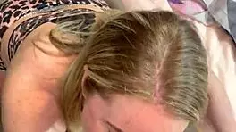 blonde babe deepthroats big cock in lingerie bedroom