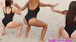 Girlfriends pick up beach stranger for wild group fuck