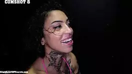 brunette gulps down 16 massive cumshots at gloryhole