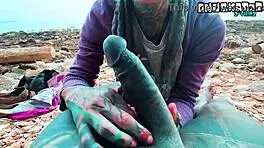 Skinny goth punk gives sloppy public blowjob facial cumshot outdoors