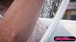 stunning slender ebony beauty strips outdoors then showers sensually