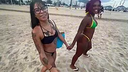Two beach brunettes lured for outdoor interracial anal tits pounding cash offer