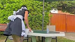 Cleaning chica's intriguing garden rendezvous with coworker