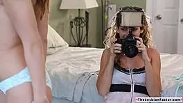 Big tits lesbian boss licks petite blonde employee's shaved pussy hungrily