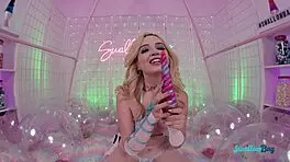 Tiny blonde teen shaved pussy rides big cock cowgirl deep