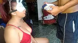 Naughty blindfolded petite colombian paisa plays taste game sucking cum facial from older guy