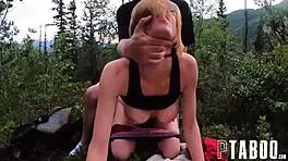 blonde and brunette babes rip clothes for outdoor group fun