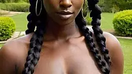 ebony beauty flashes big natural tits behind leather skirt outdoors
