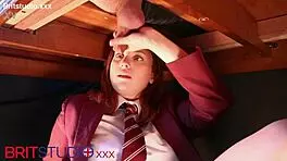 British college girl services stranger at the milking station in lingerie