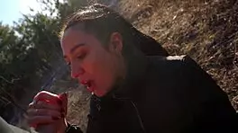 brunette college babe deepthroats stranger's cock then rides cowgirl moaning wildly outdoors