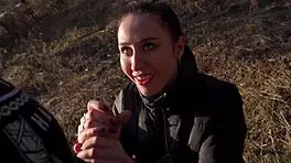 brunette college babe deepthroats stranger's cock then rides cowgirl moaning wildly outdoors