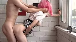 pink-haired teen big natural boobs fucks new friend creampie style