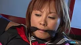 Lovely young Asian with hairy pussy and big natural tits snatched by older creep hogtied bound as BDSM slave for fingering blowjob and toys