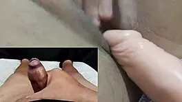 My small foreskin cock spurts best while she cums on her wet pussy and tits