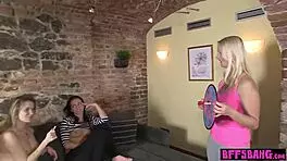 Russians toss darts before grabbing big tits for wild lesbian dildo pussy play