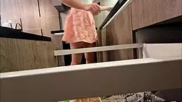 Big boobs blonde college coed flashes panties ass legs miniskirt chores
