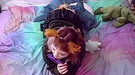 A cute fox girl cosplay solo: deepthroat gagging on toy then intense penetration orgasm 😍🦊