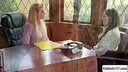 brunette teen sneaks into principal's office seducing milf into wet pussy licking