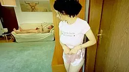 Naughty girl spies on guy jerking off alone at home part 1