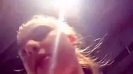 Blonde teen flashes natural tits publicly with nipple clamps