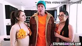 two hot brunettes share huge cock sucking and fucking in steamy threesome