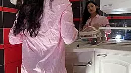 Cute Petite Brunette Teases Panties Legs Bathroom Night Prep