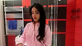 Cute Petite Brunette Teases Panties Legs Bathroom Night Prep