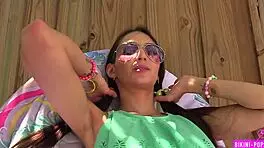 Skinny tattooed student flashes bikini outdoors for dirty tongue play