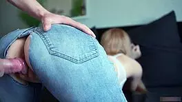 Fit babe in ripped jeans explodes from rough pounding