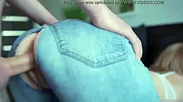 Fit babe in ripped jeans explodes from rough pounding