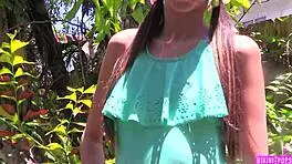 Skinny tattooed student flashes bikini outdoors for dirty tongue play