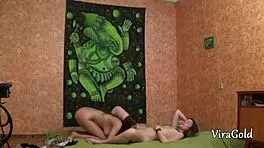 creampie fills pretty skinny brunette girlfriend in homemade threesome creampie action