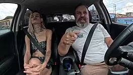 russah bends over for driver anal ride in the car backseat