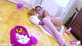 Petite japanese bunny wakes chained in cosplay ready for dildo domination play.