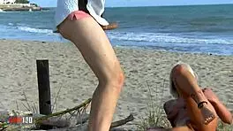 public beach threesome blonde stefani tarrago rides busty latina milf