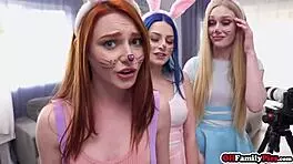 hey three sexy bunnies slurping that huge throbbing cock
