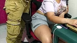 brunette latina babe bent over office desk doggystyle big cock closeup pounding