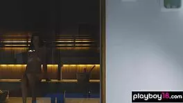 Skinny teen Simone bares massive tits in sauna