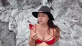 A curvy stepmom tests blowjob skills on beach candy to cock