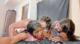 Brunette beauty dives into wild threesome with rough anal and cumshot facials