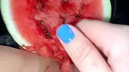 arab teen stuffs watermelon in tight pussy squirting