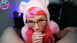 petite cosplay babe gives sloppy blowjob swallows cum