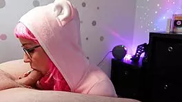 petite cosplay babe gives sloppy blowjob swallows cum