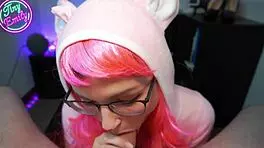 petite cosplay babe gives sloppy blowjob swallows cum