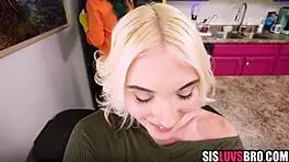 Sneaky young blonde gives brotherly blowjob in taboo pov